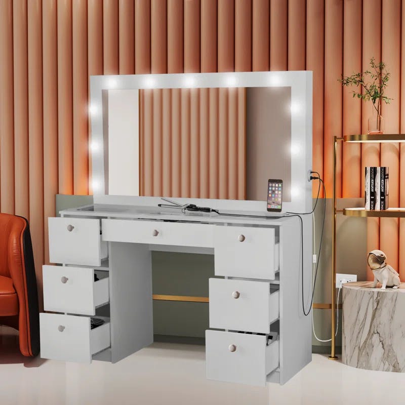 Yara Modern White Glass-Top Makeup Vanity with Built-in Lighting and 7 Drawers