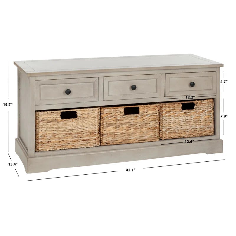 Transitional Gray 42" Solid Wood Storage Bench with Wicker Baskets