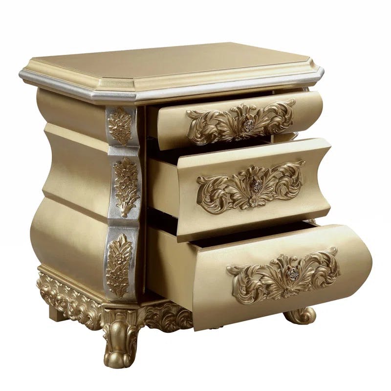 Seville Gold Finish 3-Drawer Nightstand with Carved Accents