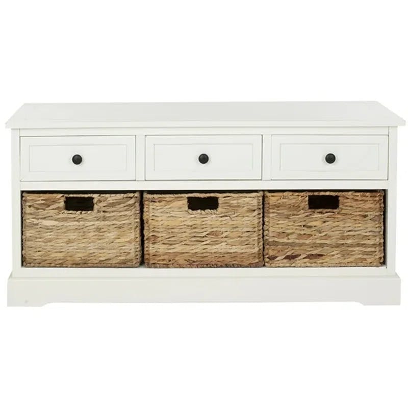 Distressed Cream Pine Storage Bench with 3 Drawers & Wicker Baskets