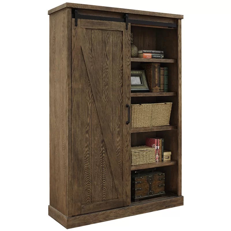Avondale Rustic Barn Door Adjustable Brown Wood Bookcase