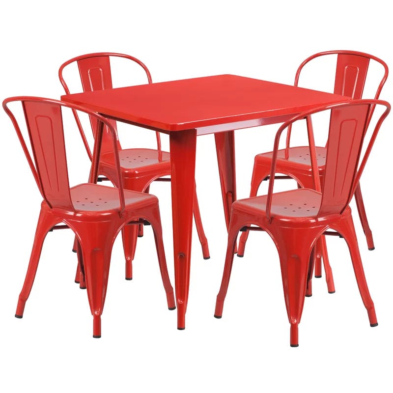 Chic 31.5" Square Red Steel Table & 4 Chairs Dining Set