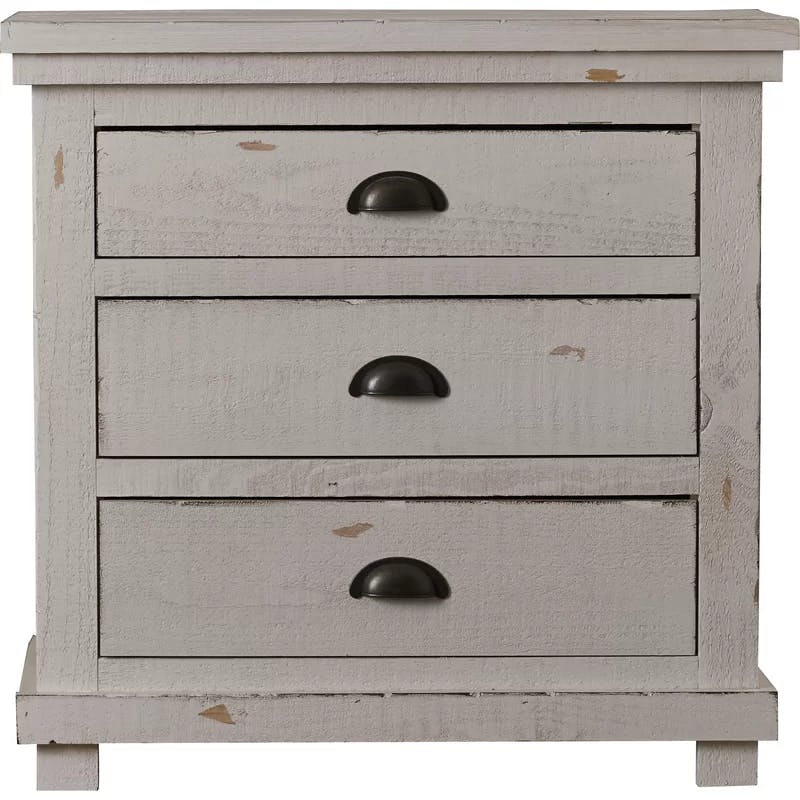 Lodge-Style Distressed Wood 3-Drawer Nightstand with Gunmetal Handles