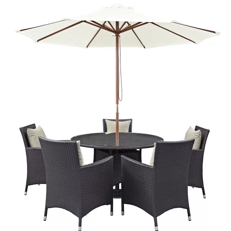 Espresso Beige 7-Piece Synthetic Rattan Outdoor Dining Set with Umbrella