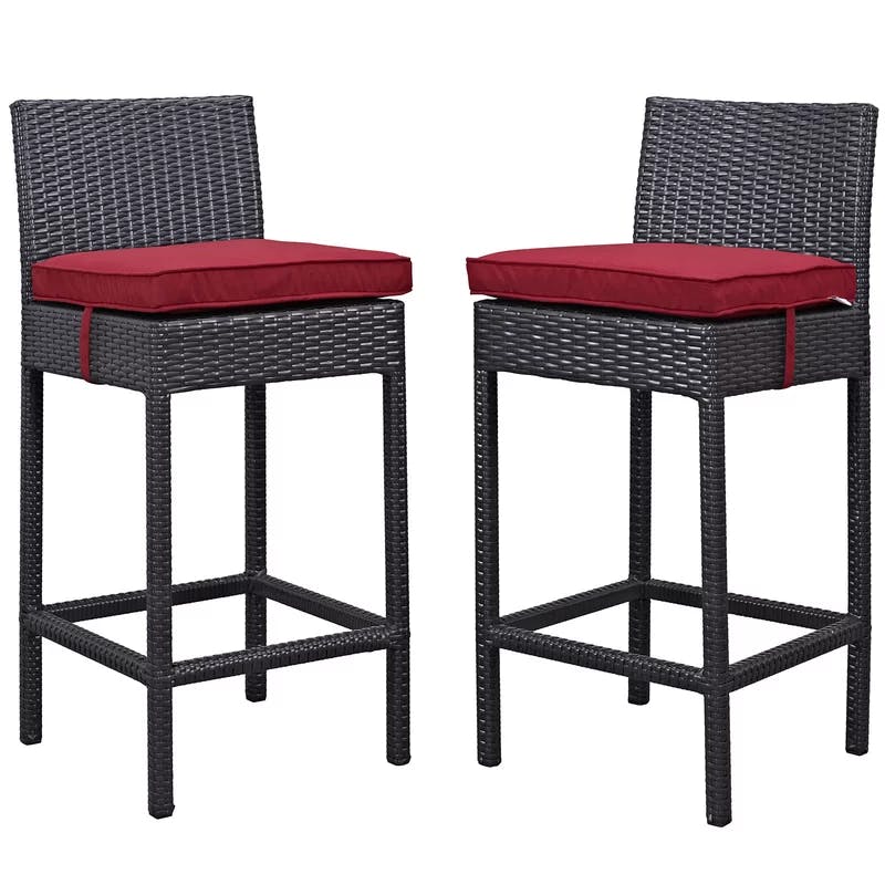 Espresso Red Cushioned Rattan Outdoor Bar Stools, Set of 2