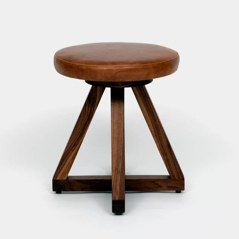 Swivel Saddle-Style Backless Stool in Black Leather and Walnut