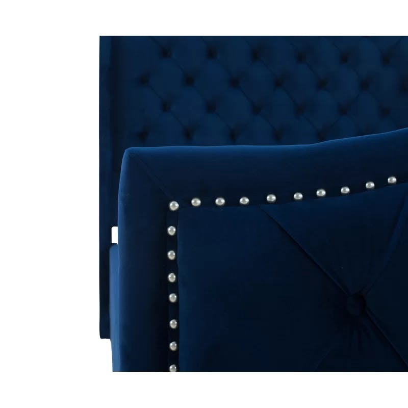 Navy Blue Velvet Tufted Wingback King Bed with Nailhead Trim