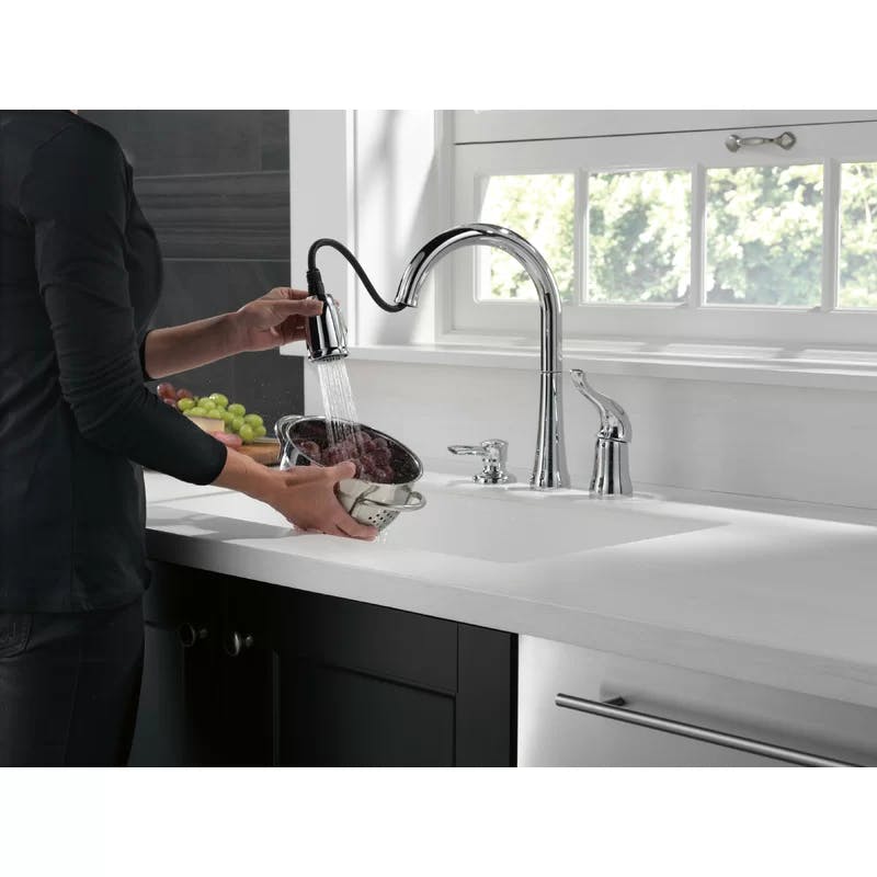 Transitional 14'' Chrome Brass Deck Mounted Kitchen Faucet with Soap Dispenser