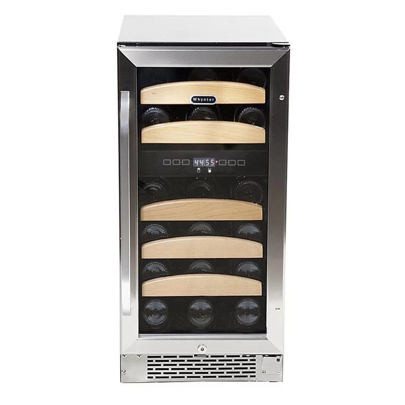 Elegant 28-Bottle Dual Zone Stainless Steel Wine Cooler with Wood Shelves
