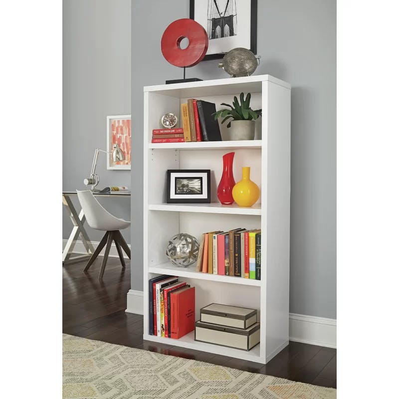 Adjustable White Laminate Wood Bookcase with Cable Management
