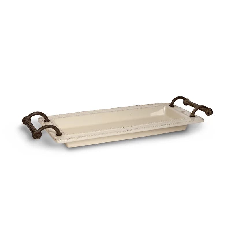 Provincial Cream Ceramic Tray with Braided Metal Handles