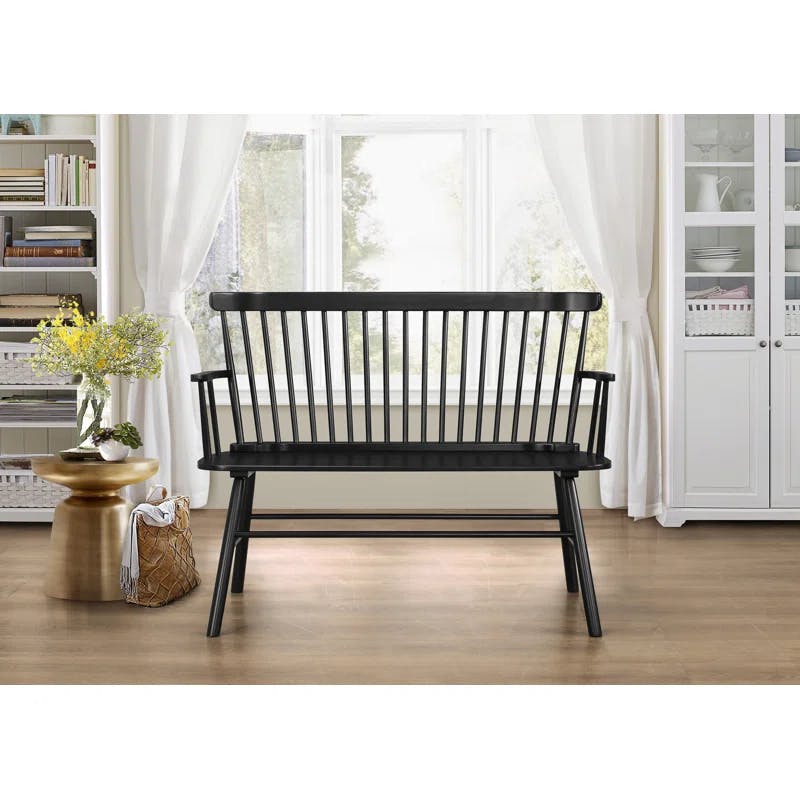 Transitional Black Wooden Spindle Back Bench with Splayed Legs