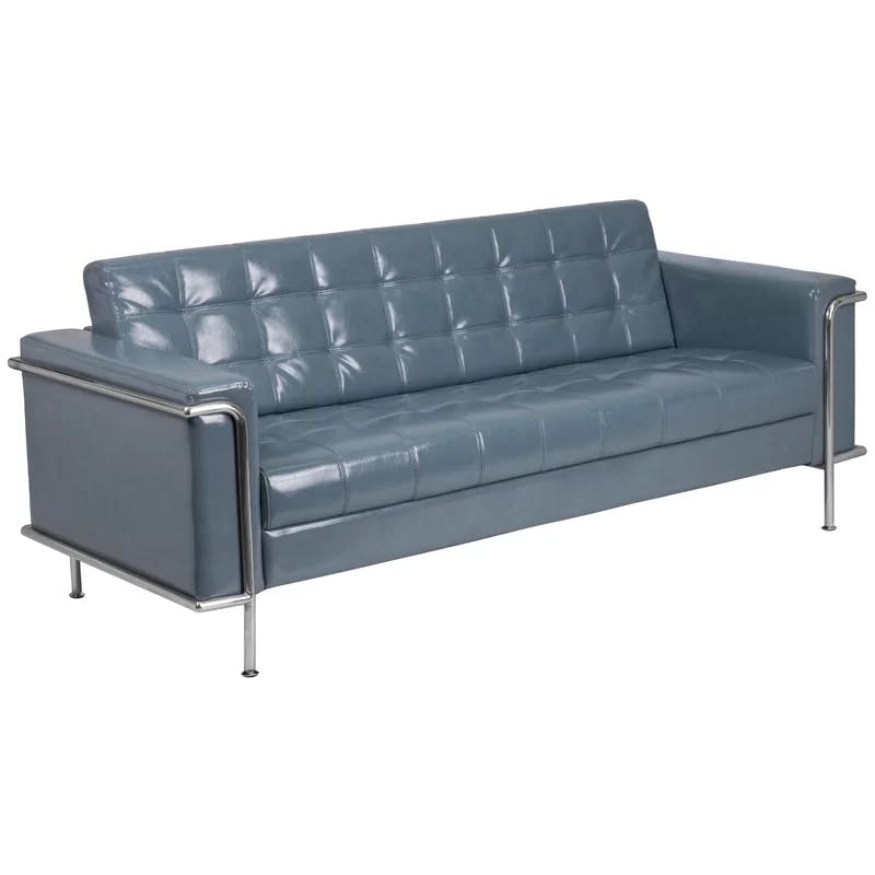 Modern Gray Faux Leather Tufted Sofa with Metal Frame