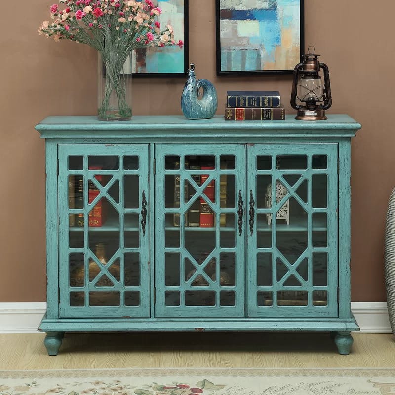 Bayberry Blue Traditional 3-Door Glass Media Credenza