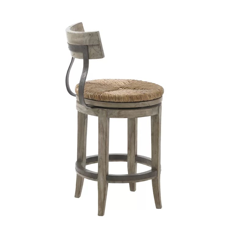 Rustic Industrial Swivel Counter Stool with Woven Rattan Seat, Brown