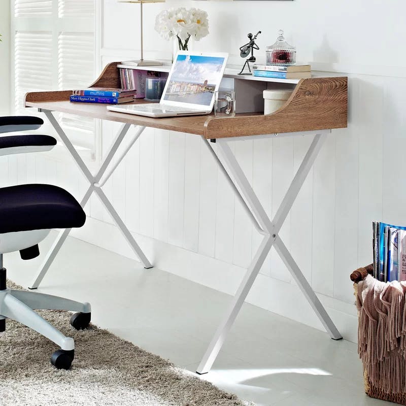 Contemporary Walnut Wood Desk with White A-Frame and Drawer