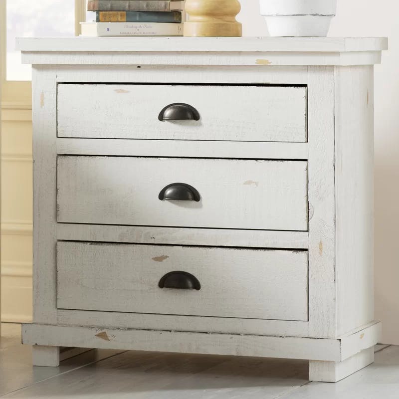 Lodge-Style Distressed Wood 3-Drawer Nightstand with Gunmetal Handles
