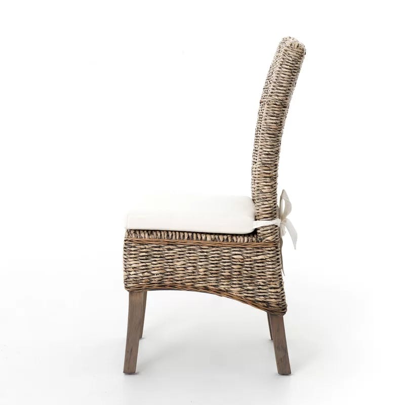 Tall-Backed Modern Mahogany and Banana Leaf Weave Side Chair with Cushion
