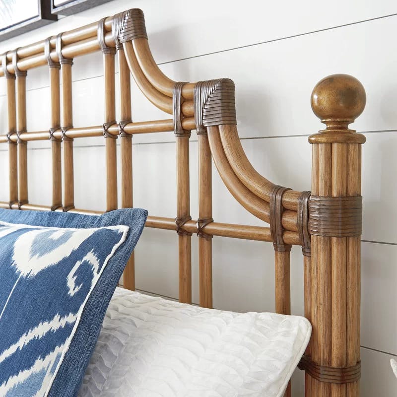 Regal Queen Leather-Wrapped Bamboo Headboard with Gold Finials