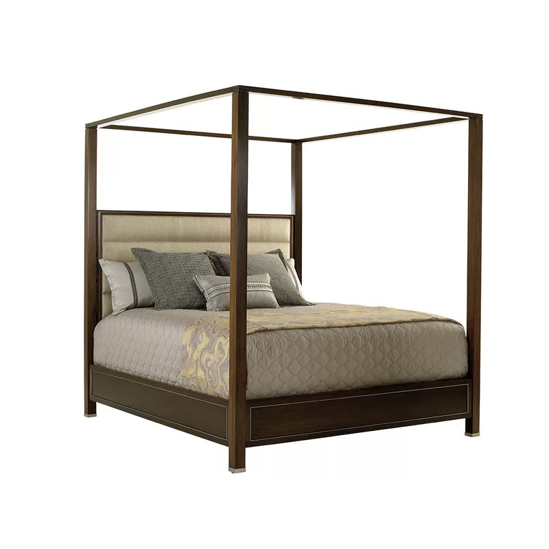 Walnut Wheat King Poster Bed with Tufted Upholstered Headboard