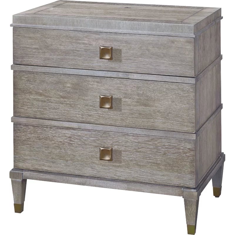 Transitional Brown Oak 3-Drawer Nightstand with Brass Accents