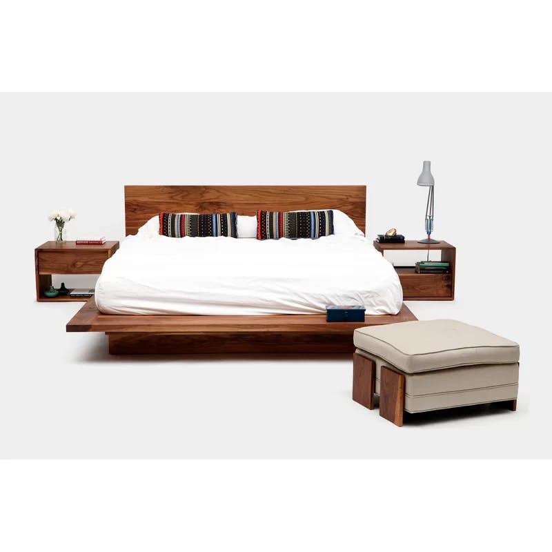 ARTLESS King Size Wood Frame Platform Bed with Bookcase