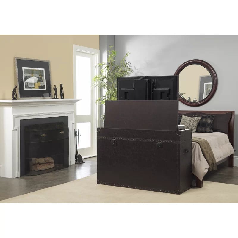 Elevate Rustic 46" Leather-Wrapped Motorized TV Lift Cabinet with Hand-Hammered Details