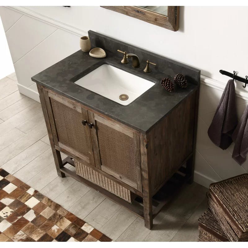 Rustic Brown 36'' Fir Wood Bathroom Vanity with Charcoal Marble Top