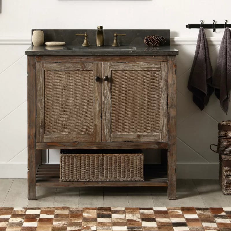 Rustic Brown 36'' Fir Wood Bathroom Vanity with Charcoal Marble Top