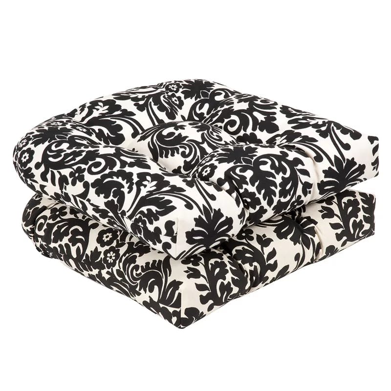 Elegant Damask Black and Off-White Outdoor Wicker Chair Cushion Set