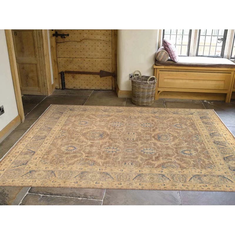 Hand-Knotted Floral Wool Square Rug in Brown and Beige, 9'4" x 9'7"