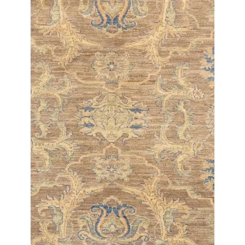 Hand-Knotted Floral Wool Square Rug in Brown and Beige, 9'4" x 9'7"