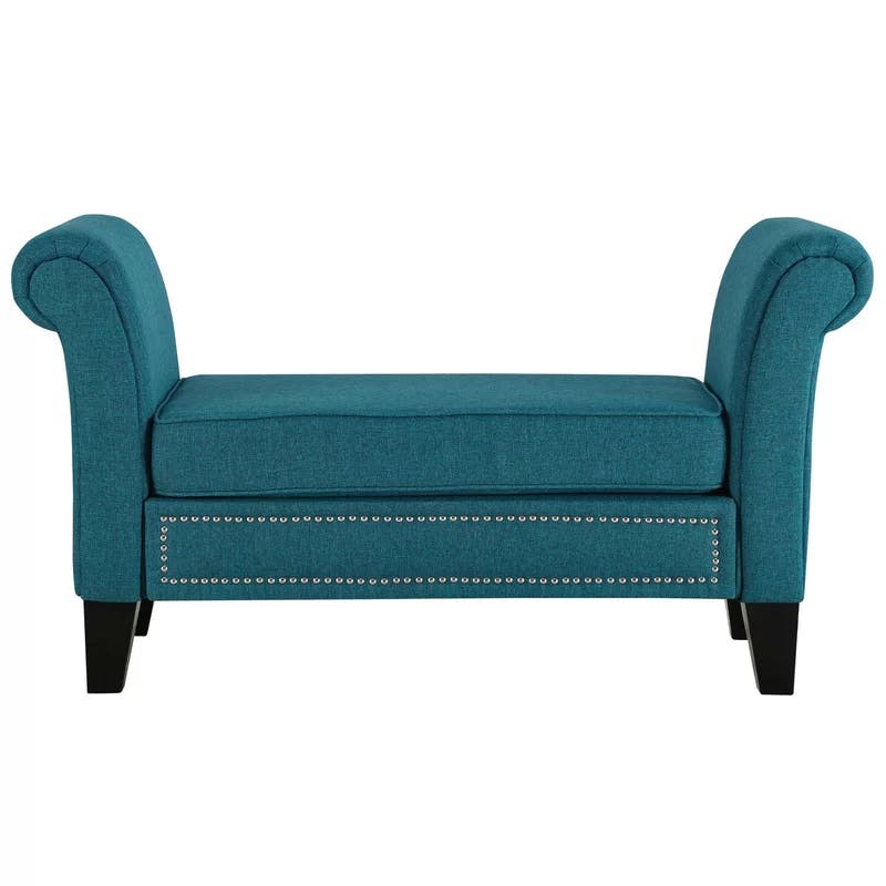 Rendezvous Teal Upholstered Bench with Rolled Arms and Nailhead Trim