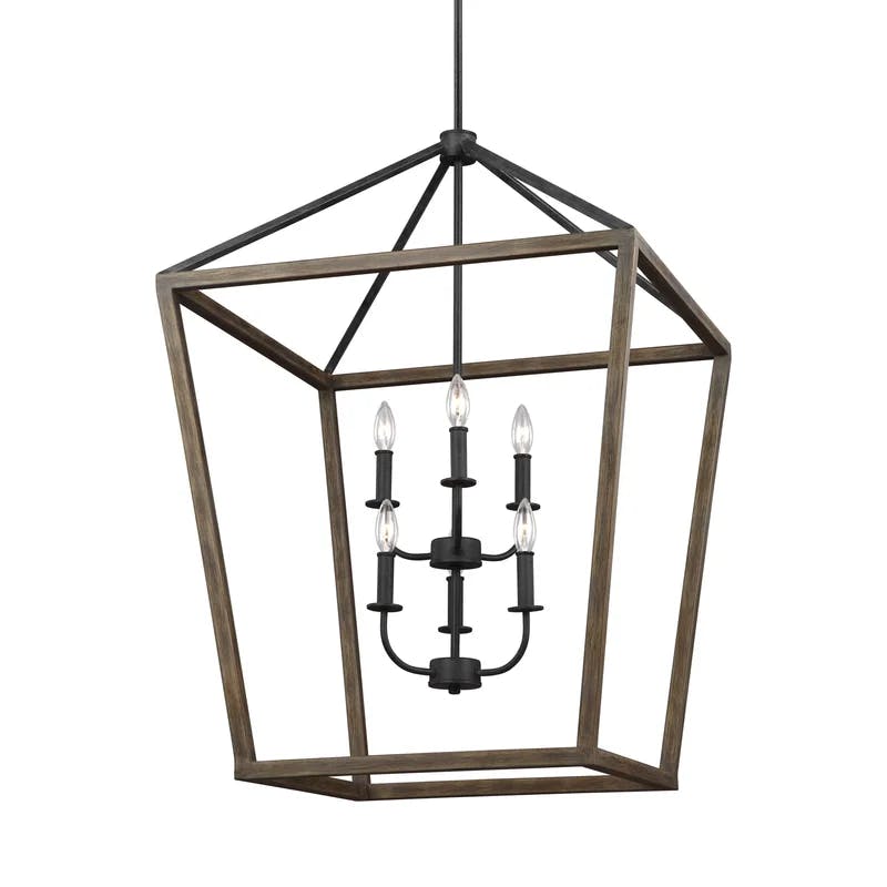 Weathered Oak and Antique Forged Iron Brass Cage 6-Light Chandelier