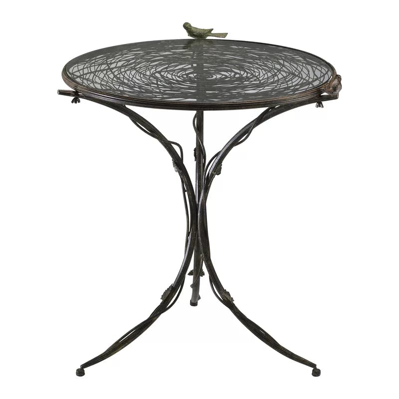 Elegant Rust-Finished Round Glass Top Dining Table with Bird Base