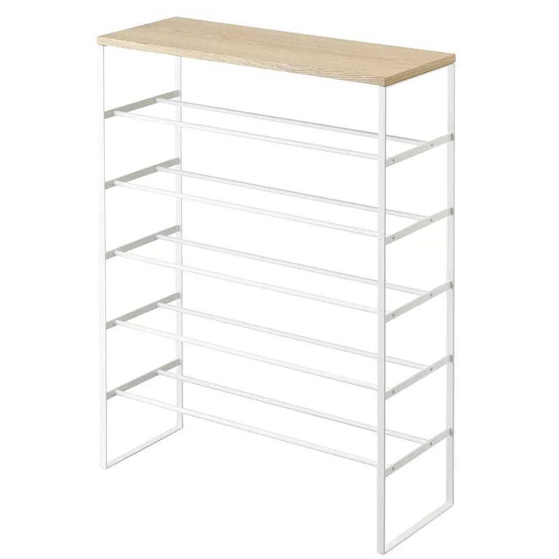 Tiered Minimalist White Steel Shoe Rack with Wood Top