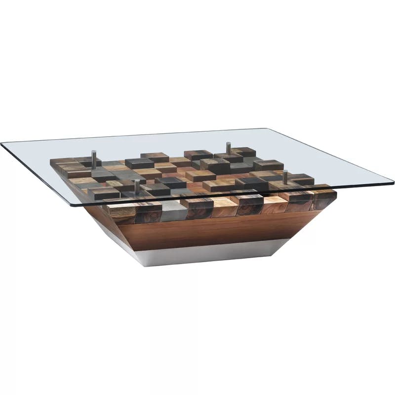 Sleek Frosted Glass & Wood Inlay Square Cocktail Table