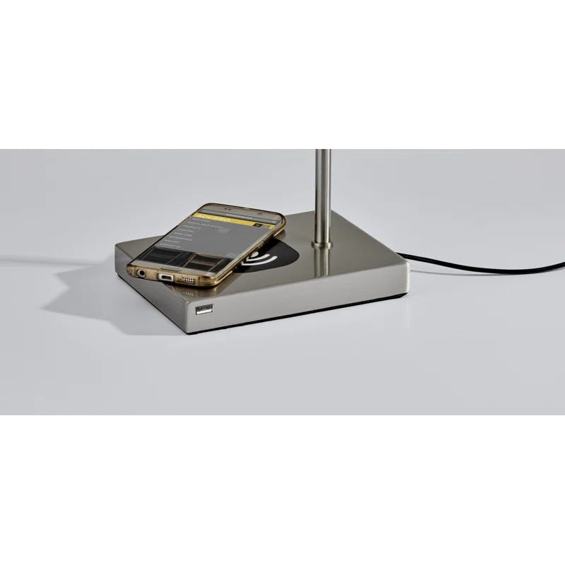 Flemings Brushed Steel Adjustable LED Desk Lamp with USB & Qi Charging