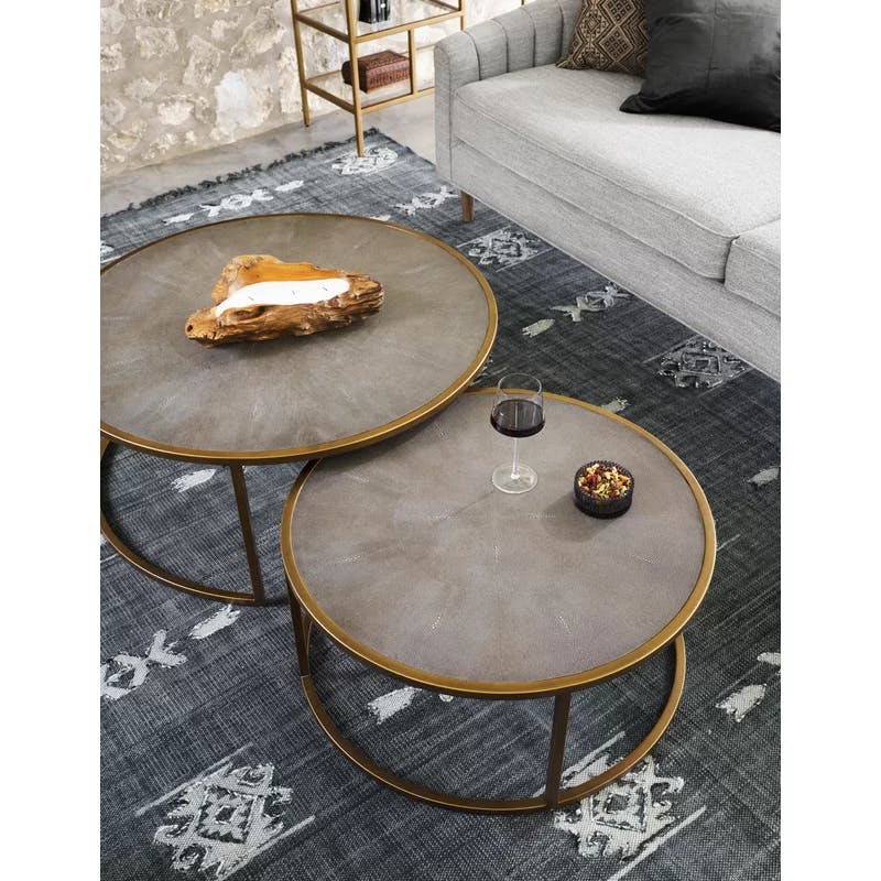Crescent Antique Brass Nesting Coffee Table Set with Faux Shagreen Top