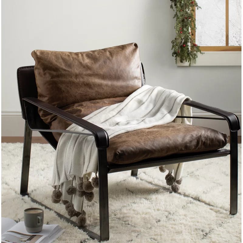 Cappuccino Genuine Leather Accent Chair with Metal Frame