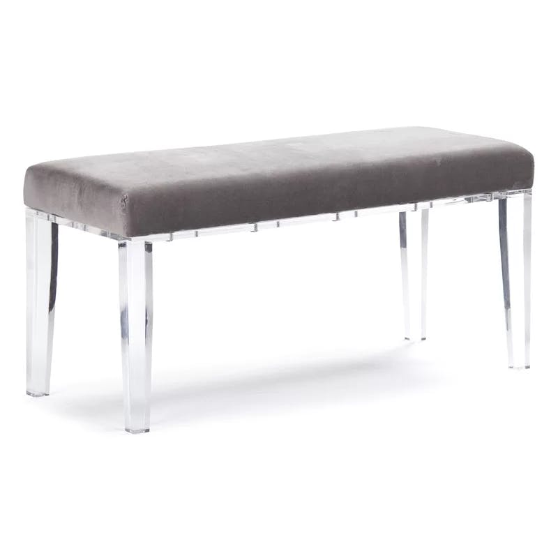 Elegant Gray Velvet and Acrylic Bench, 40" W x 19.5" H