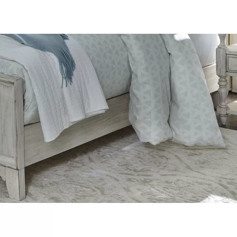 Transitional Antique White Pine Queen Panel Bed with Scalloped Headboard