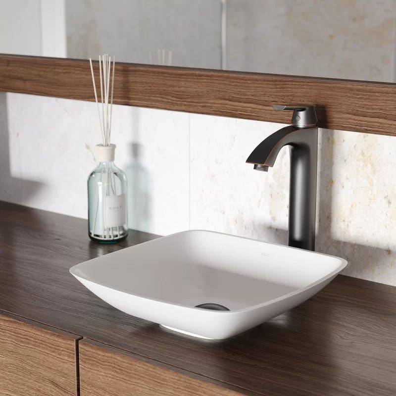 Elegant Matte White 13.75'' Square Stone Vessel Bathroom Sink
