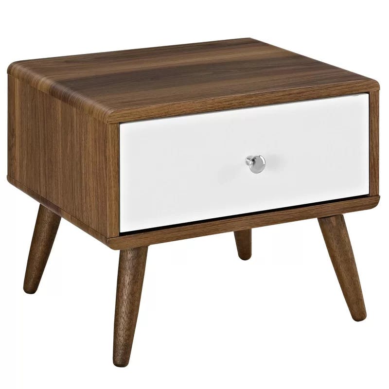 Mid-Century Walnut White Nightstand with Full-Extension Drawer