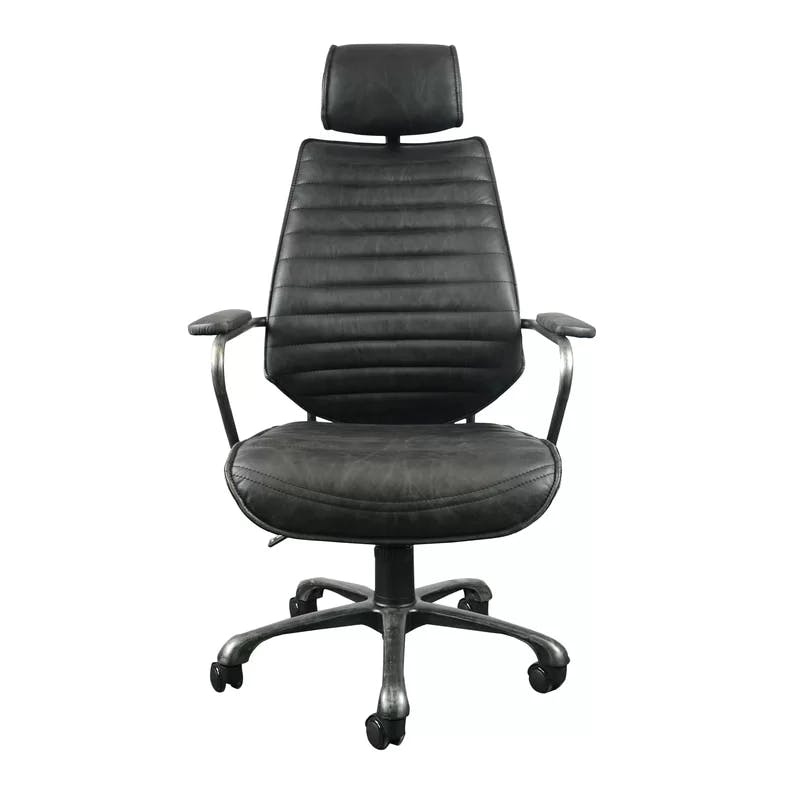 Transitional Onyx Black Leather Swivel Desk Chair with Metal Base