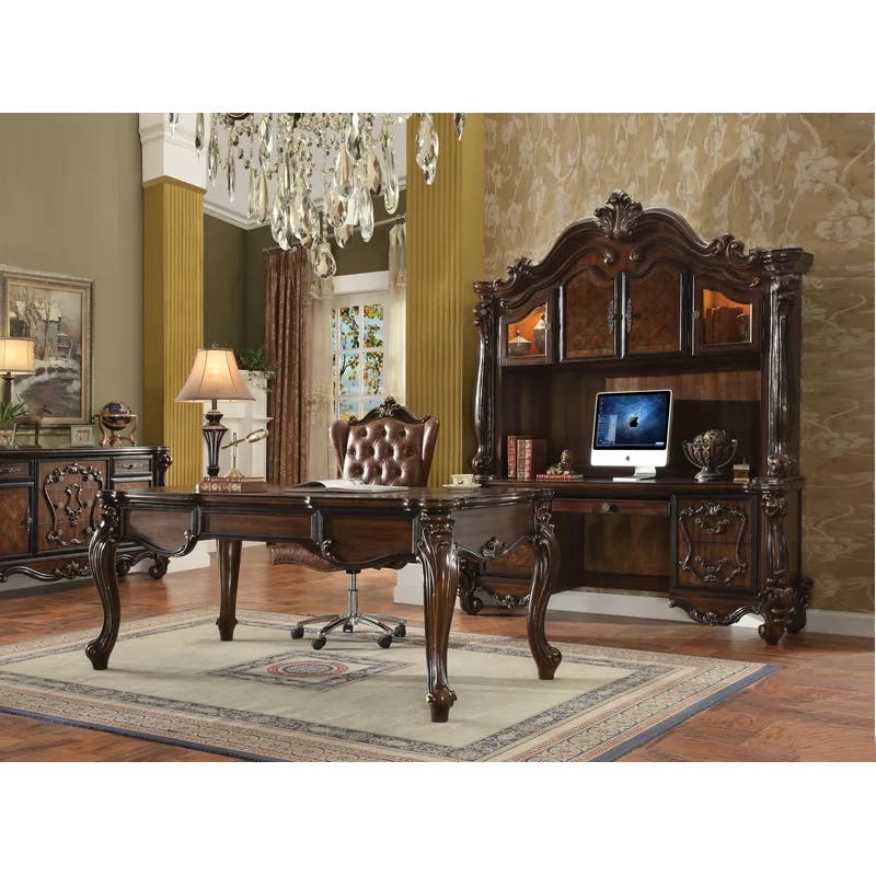 Regal Cherry Oak Executive Desk with Carved Scrollwork and Storage