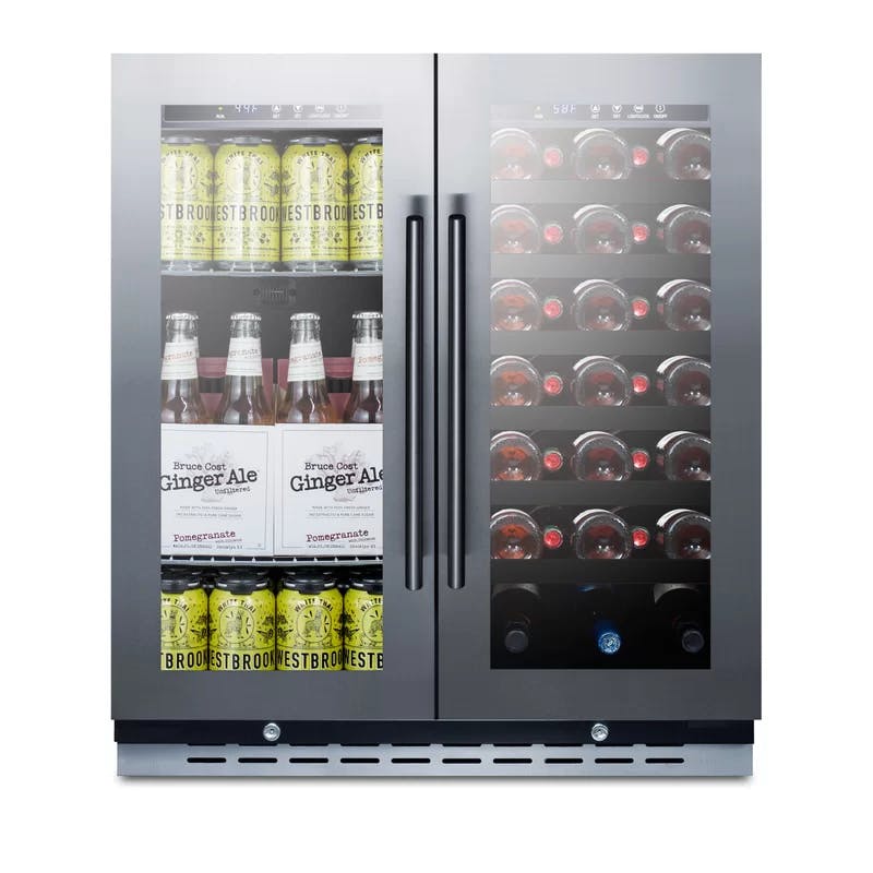 Elegant 33 Bottle Dual Zone Wine and Craft Beer Refrigerator with French Door Swing