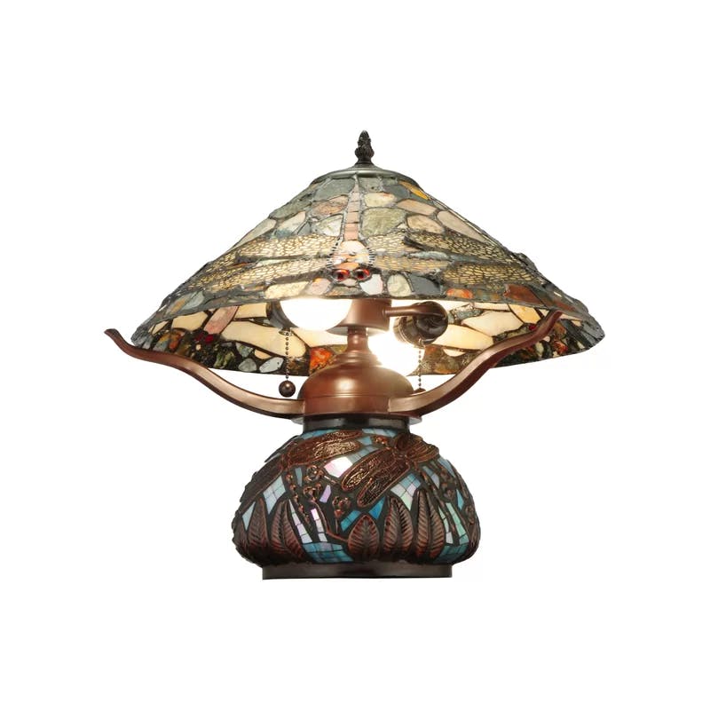 Dragonfly Cut Jasper 2-Light Bronze Stained Glass Table Lamp