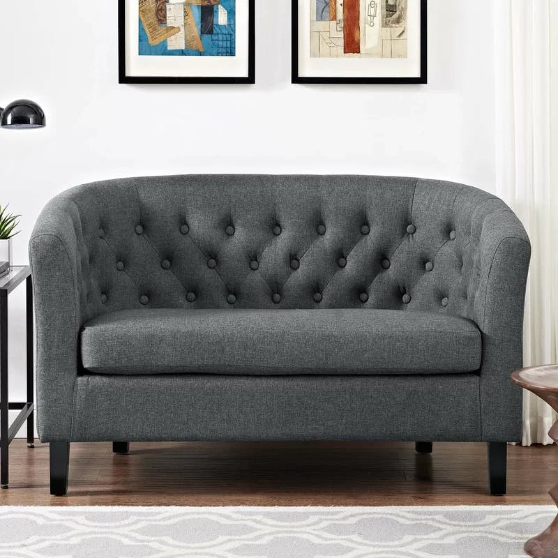 Chesterfield Gray Faux Leather Tufted Loveseat with Solid Wood Legs