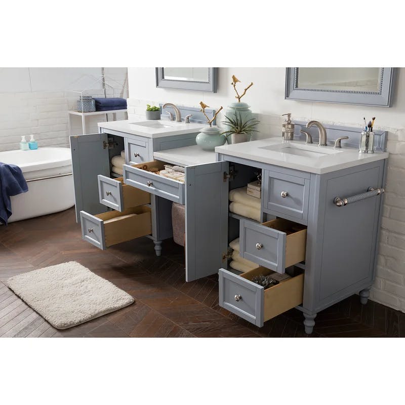 Silver Gray 86" Solid Wood Double Vanity with Arctic Fall Top & Makeup Station